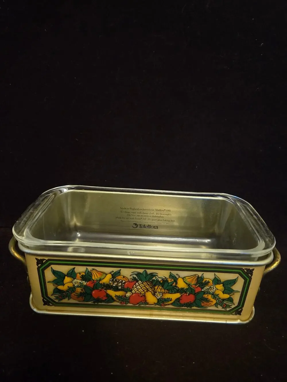 Vintage 1981 Teleflora decorative metal carrier with 1.5-quart glass loaf pan